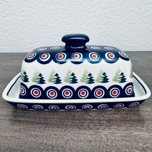 Polish Pottery Boleslawiec Christmas Peacock Circles Holiday Butter Dish